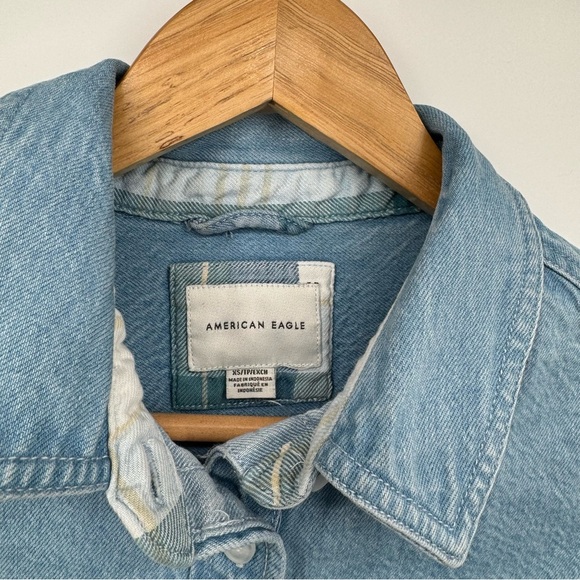 AE Mixed Denim Plaid Flannel Boyfriend Button Down Collar Shirt Women’s XS - Picture 7 of 11